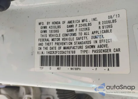 2013 Honda Accord Lx из США, поврежденный, VIN 1HGCR2F32DA279789